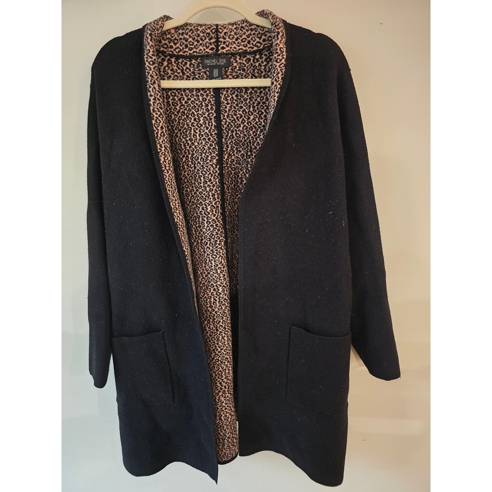 Rachel Zoe Women's Black Open Front Cardigan Sweater Leopard‎ Print Lining M